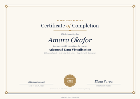 A landscape certificate of completion made by the tool from its sample: awarded to Amara Okafor for Advanced Data Visualisation by Harbourline Academy.