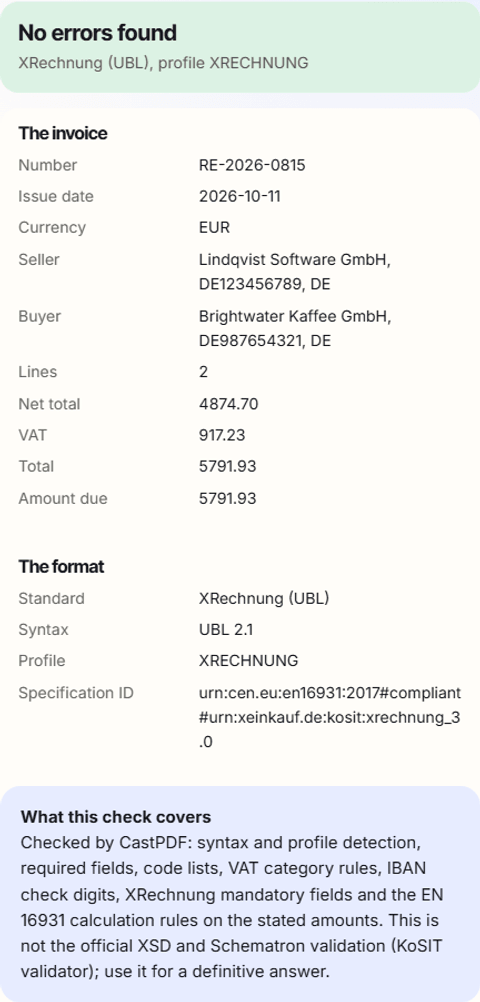 A real report from this validator: no errors found in an XRechnung UBL invoice, then the invoice summary, the format and the note on what the check covers.