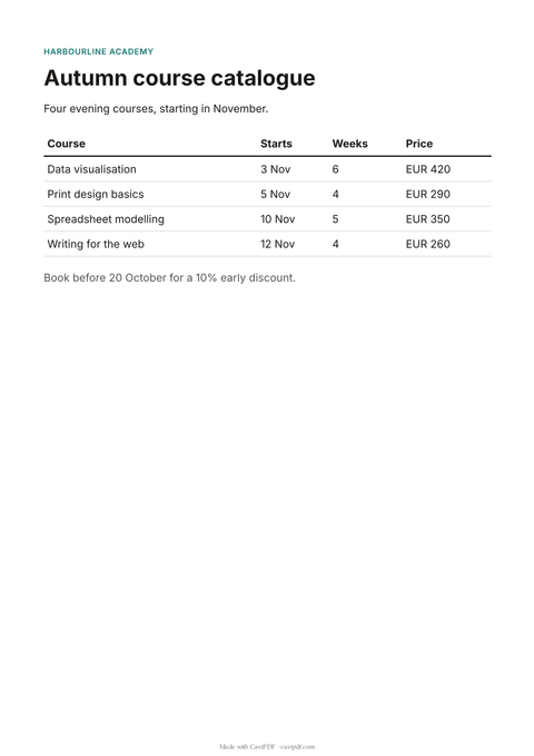 Page one of the PDF this converter makes from its sample HTML: an autumn course catalogue with a table of four courses.