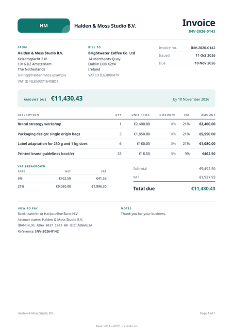 Page one of an invoice made by the generator from its sample: Halden and Moss Studio billing Brightwater Coffee for four line items with VAT at 21 and 9 percent.