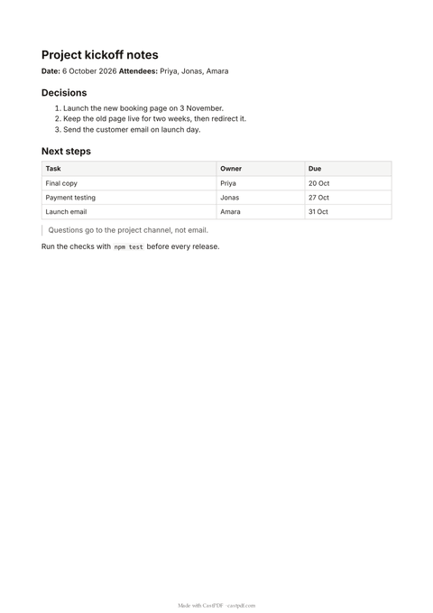 Page one of the PDF made from the sample Markdown: project kickoff notes with a numbered list of decisions and a table of next steps.
