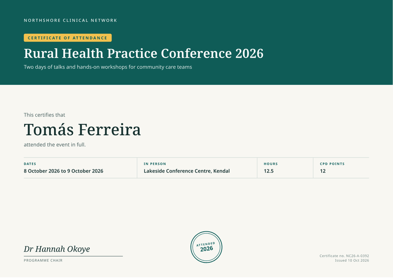 The certificate of attendance template filled with sample data, page 1. A landscape certificate of attendance for an event, workshop or conference: the event name, the dates, where it took place, optional hours and CPD points, the attendee and the organiser’s signature.