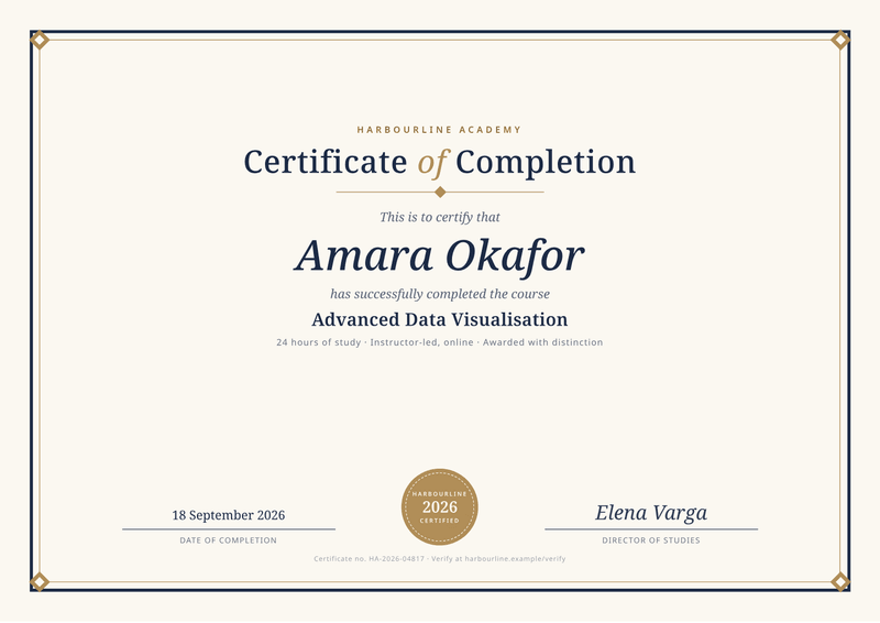 Preview of the certificate template, made from sample data