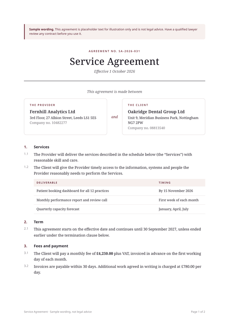 Preview of the service agreement template, made from sample data