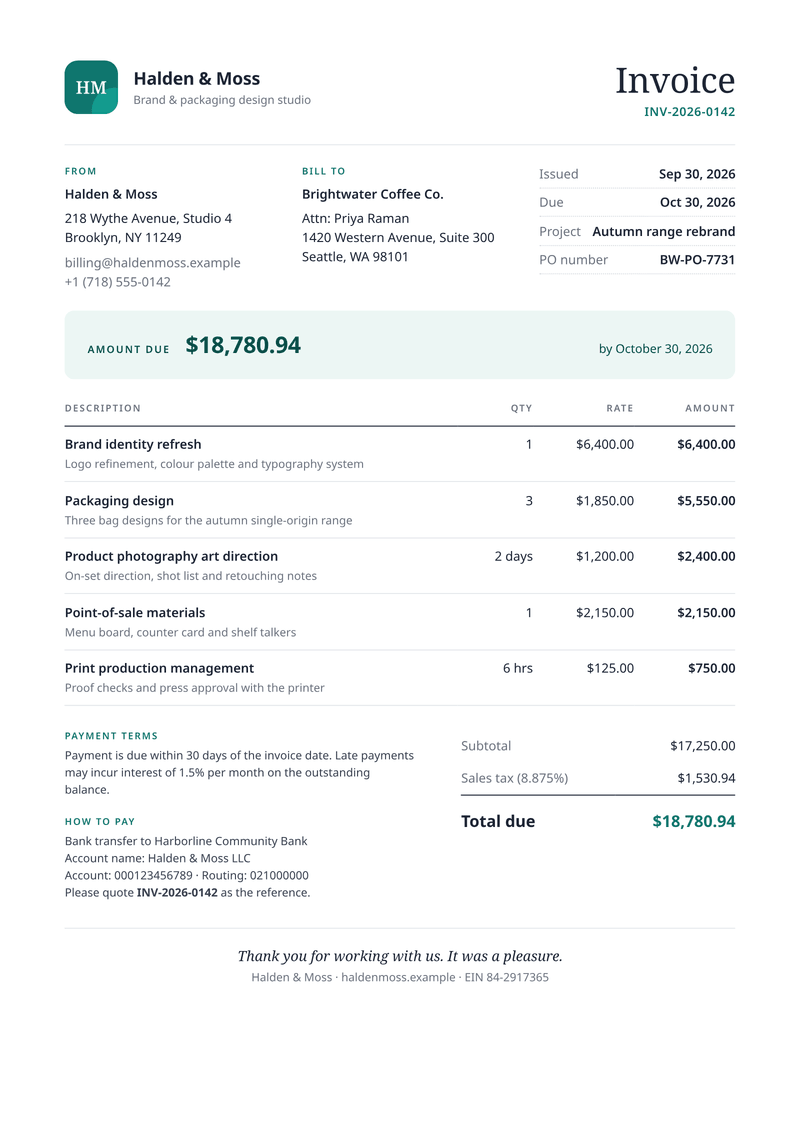 Preview of the invoice template, made from sample data