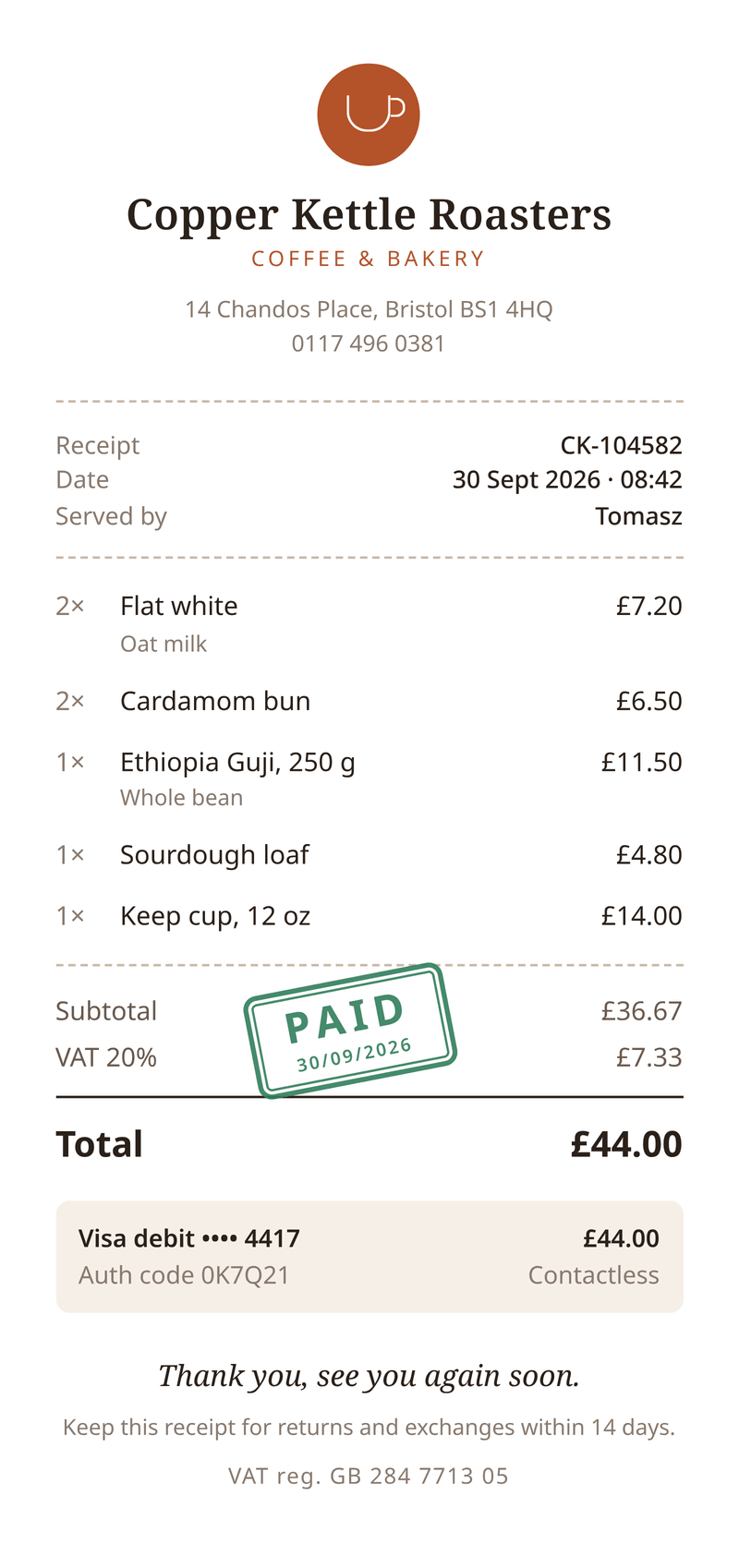 Preview of the receipt template, made from sample data