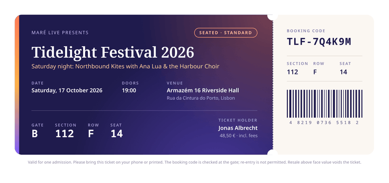 Preview of the event ticket template, made from sample data
